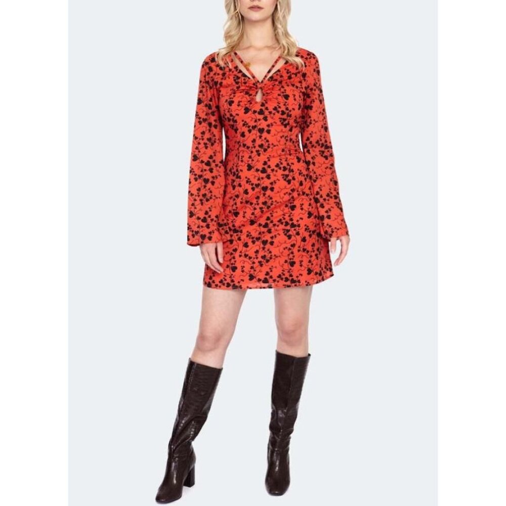 Voodoo Vixen 60s Bleeding Hearts Print Flare Sleeve Mini Dress orange retro